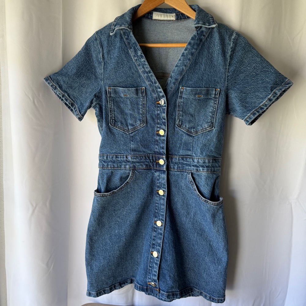 Zara Blue Denim Button-Up Dress Short Sleeve Size L
